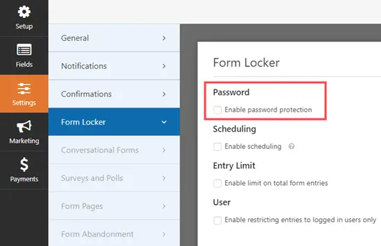 Accéder à la page des paramètres de Form Locker dans WPForms et cocher la case du mot de passe