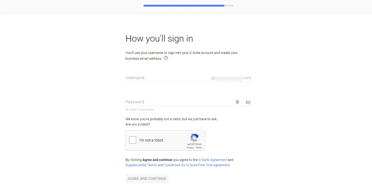 La page pour créer un nom d'utilisateur dans G Suite à utiliser comme adresse e-mail professionnelle.