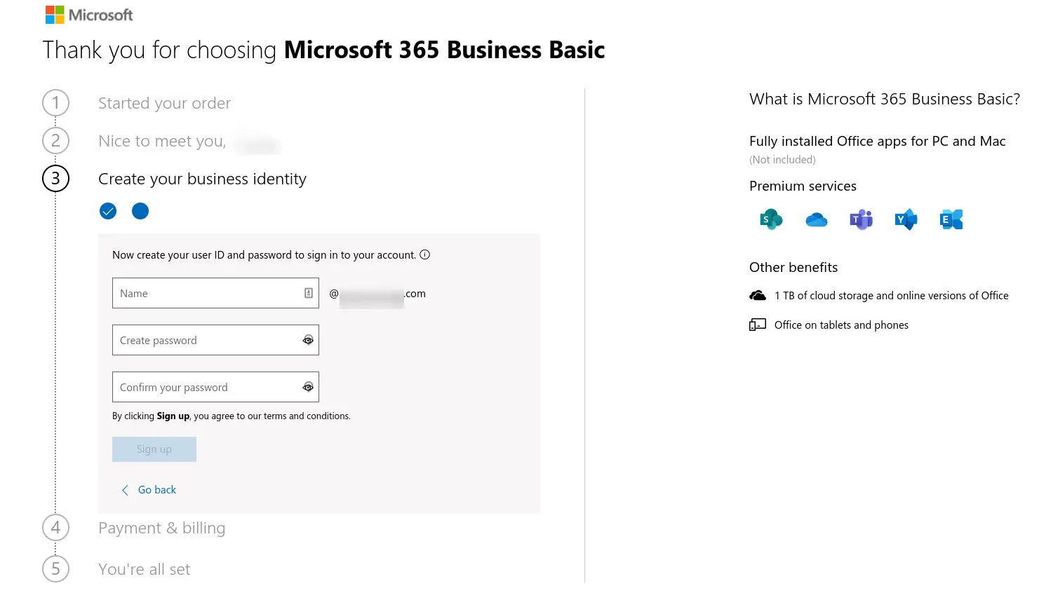 Le formulaire pour créer un ID utilisateur et un mot de passe pour Microsoft 365.