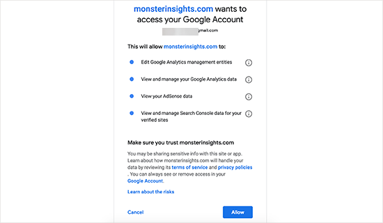 Autorisez MonsterInsights à accéder à votre compte Google Analytics