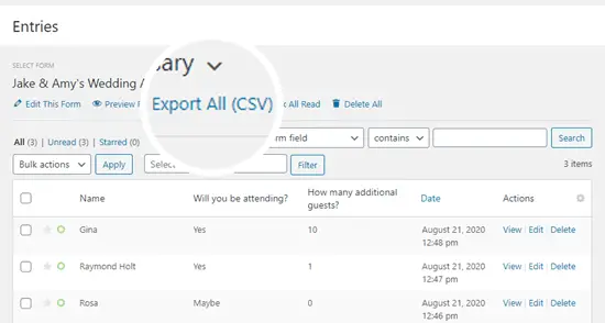 Exportez un CSV des entrées de votre formulaire RSVP pour produire une liste d'invités