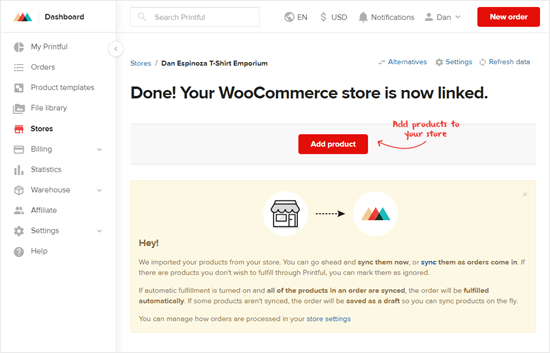 Votre boutique WooCommerce est maintenant liée à votre compte Printful