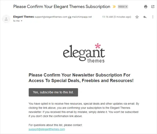 Email de confirmation (double optin) de Elegant Themes