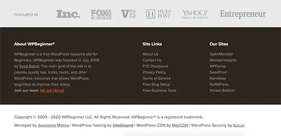 Exemple de zone de pied de page sur un site Web propulsé par WordPress