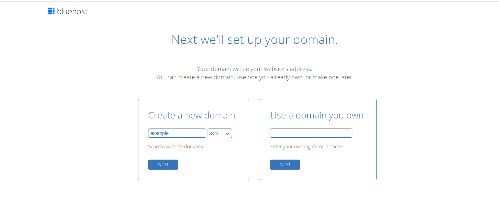 Choisir un nom de domaine lors de l'inscription à l'hébergement Bluehost.