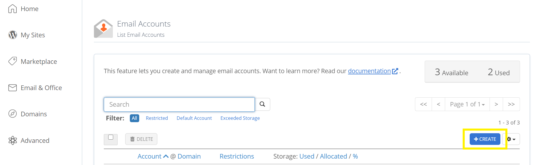 Création d'une adresse e-mail dans Bluehost.