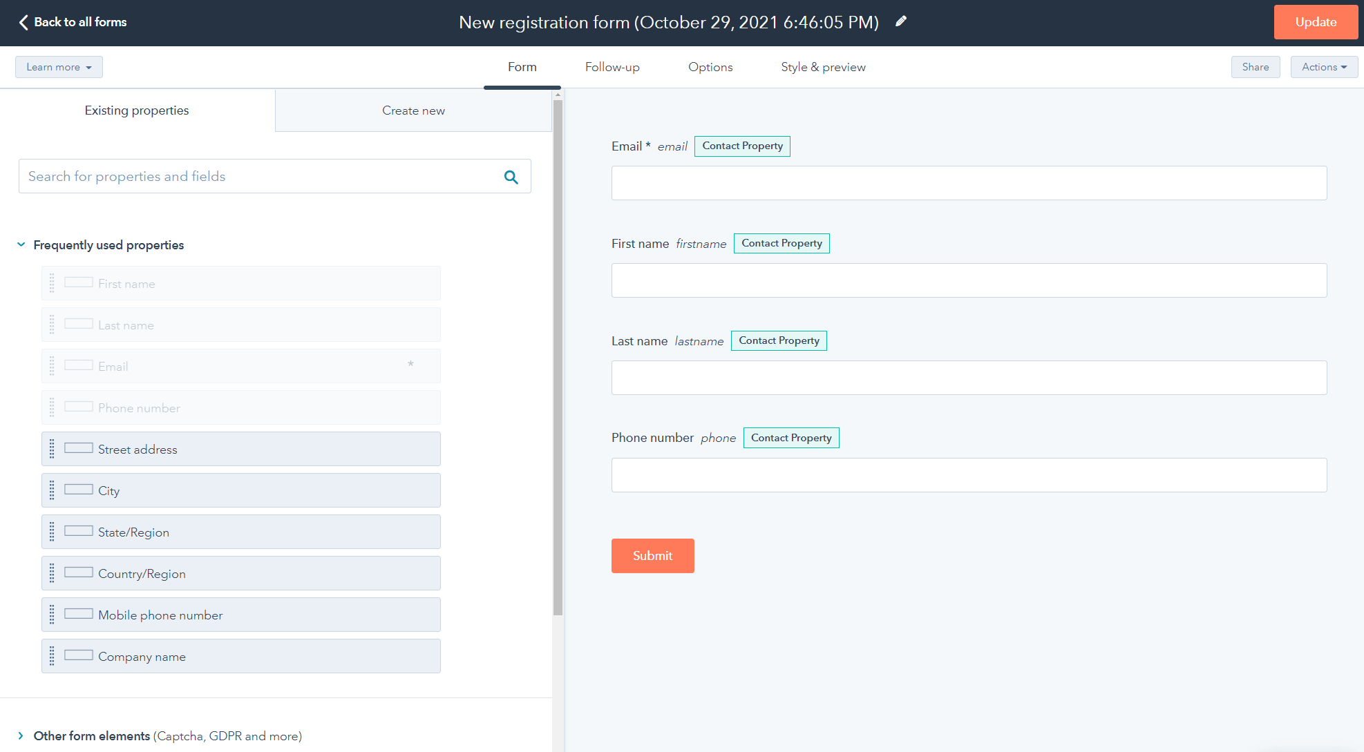 Création d'un formulaire dans HubSpot Forms.