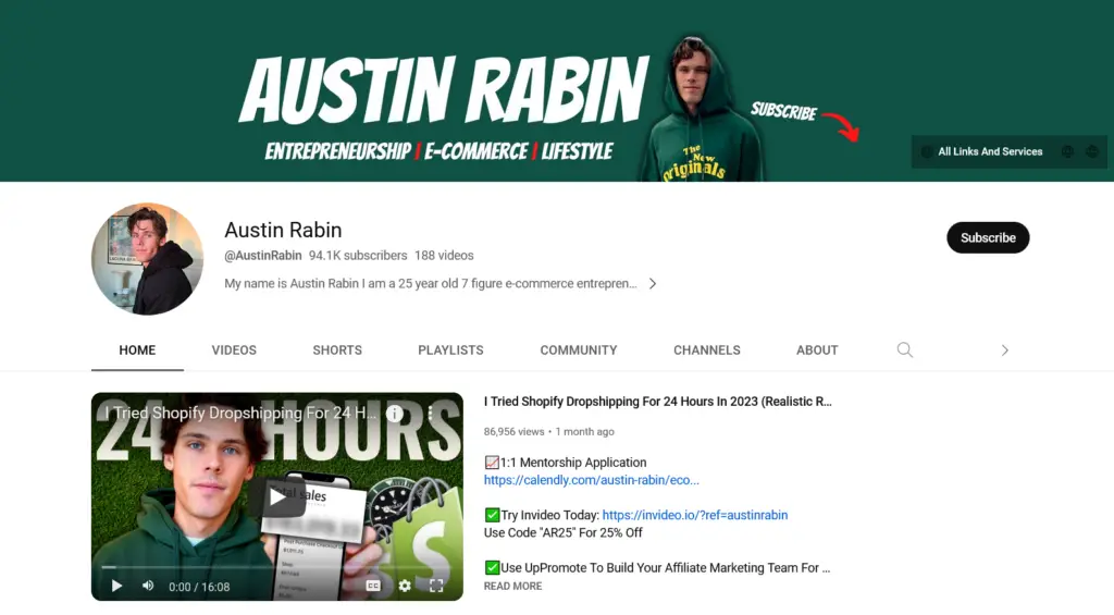 Chaînes YouTube Shopify Dropshipping - Austin Rabin