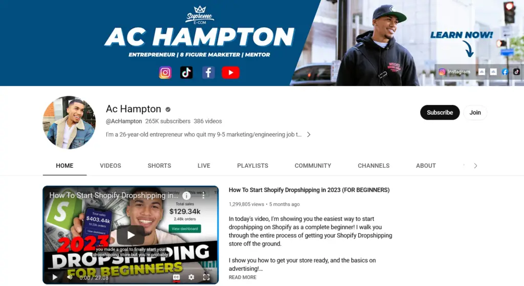 Chaînes YouTube Shopify Dropshipping - AC Hampton