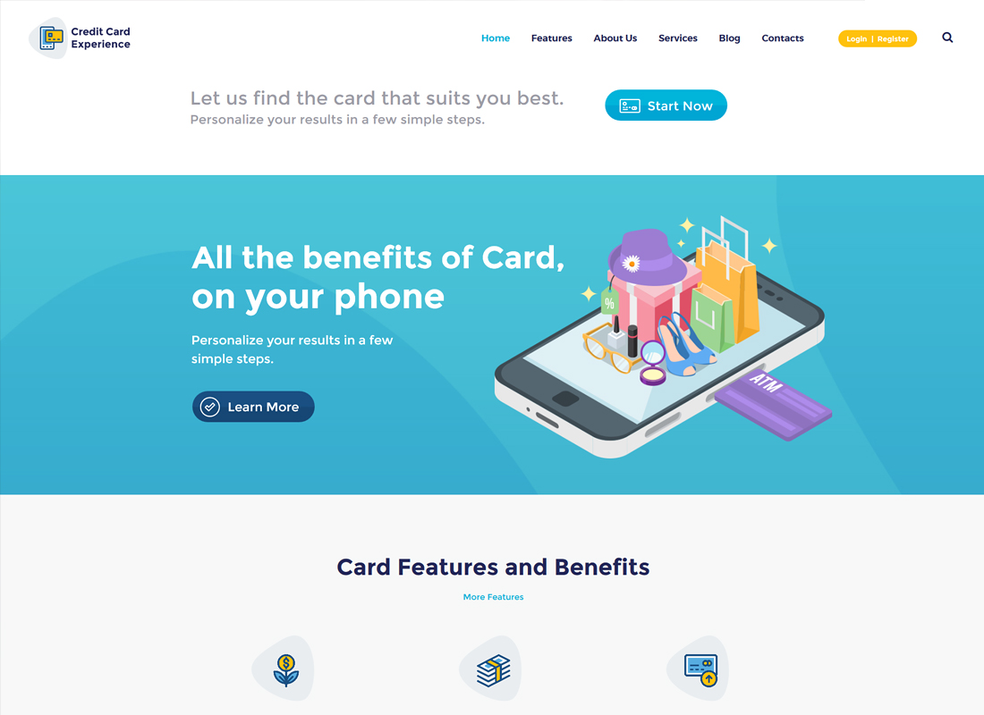 Expérience de carte de crédit | Thème WordPress pour société de cartes de crédit et services bancaires en ligne