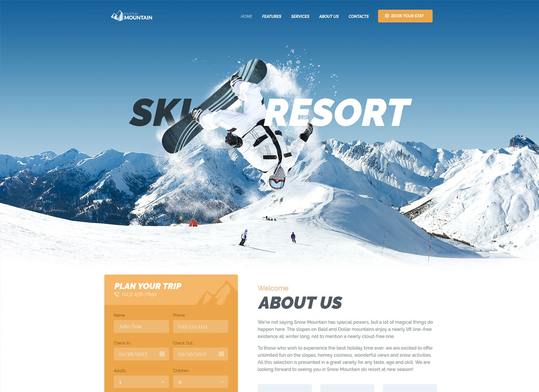 Montagne de neige | Thème WordPress pour station de ski et école de snowboard