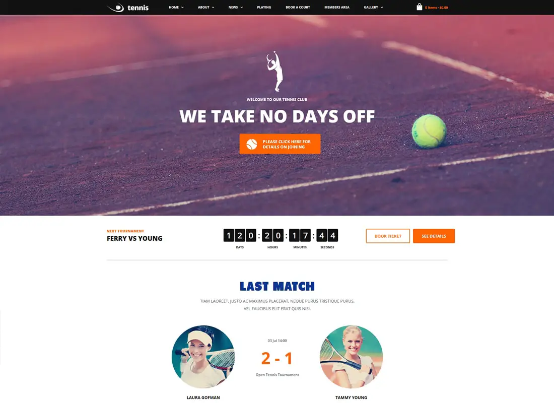 Thème WordPress Tennis, Sport Club & Events