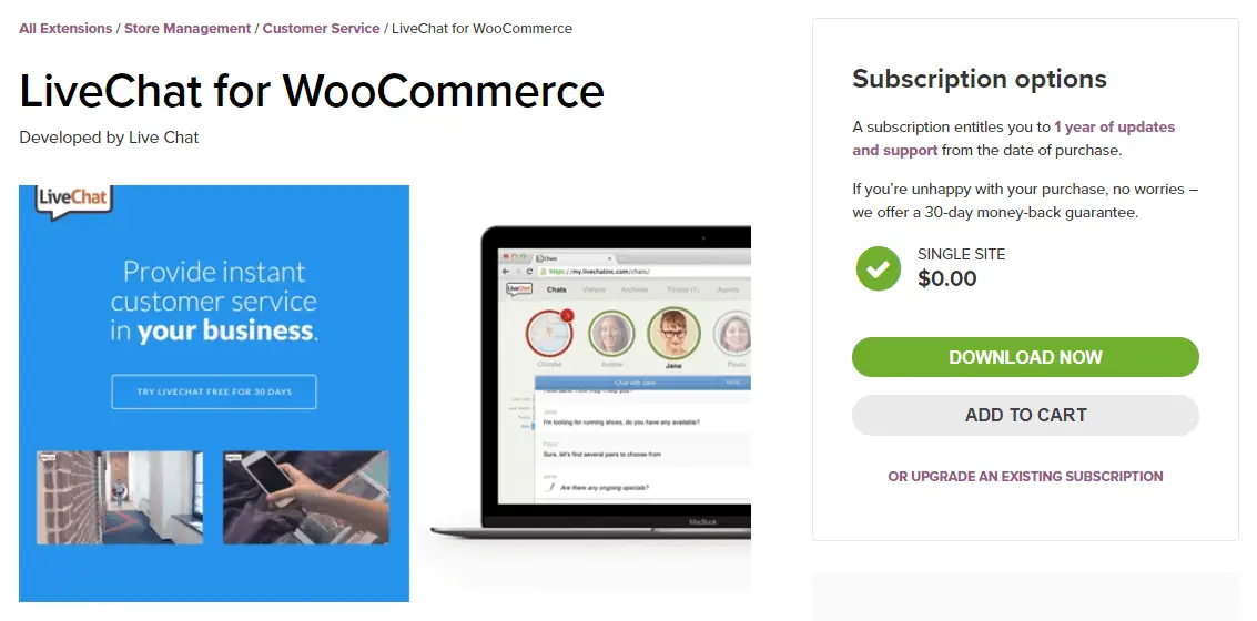 Le plugin LiveChat pour WooCommerce.