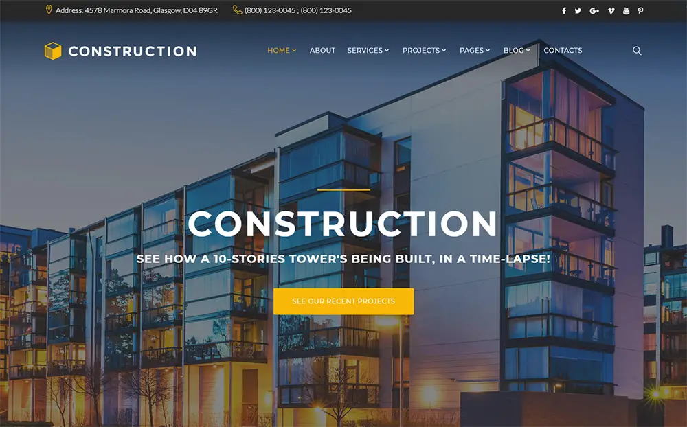 Construction - Modèle de site Web à pages multiples adaptatif pour entreprise de construction