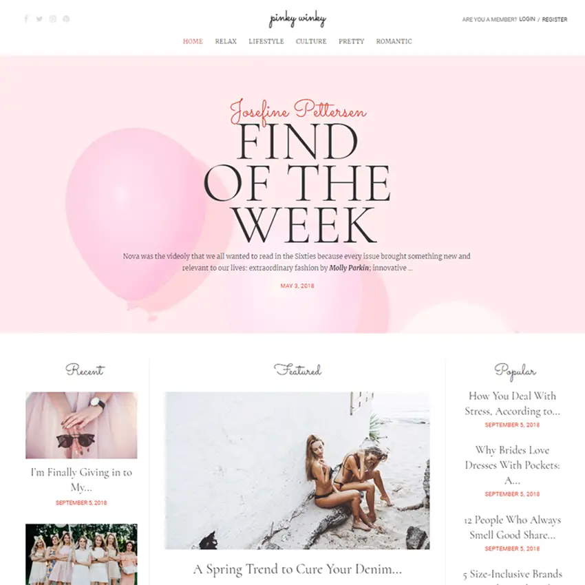 Pinky Winky - Modèle de blog Elementor pour femme