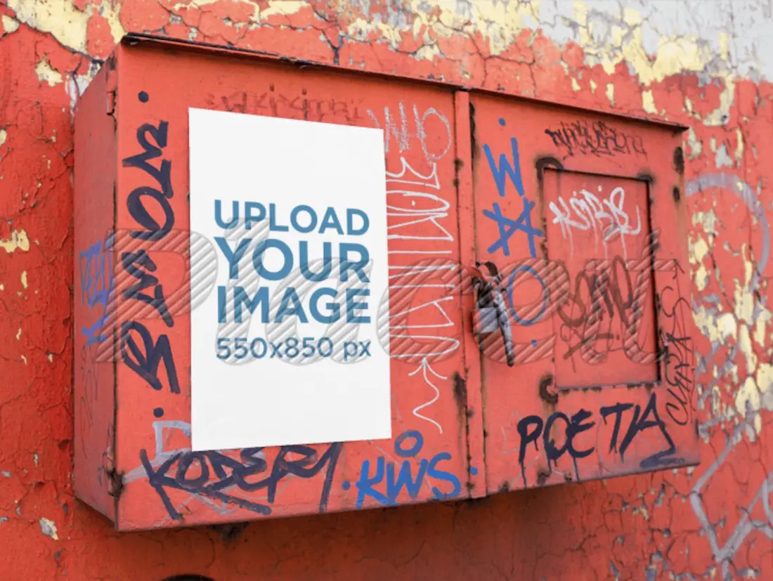 maquette de l'affiche sur une boîte en métal rouge avec des graffitis