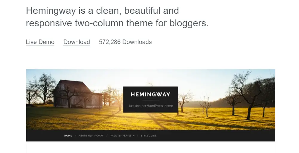 Thèmes WordPress Blog gratuits "width =" 1000 "height =" 511 "srcset =" http://webypress.fr/wp-content/uploads/2019/09/1569576960_91_30-themes-de-blog-WordPress-gratuits.png 1000w, https: //cdn.learnwoo .com / wp-content / uploads / 2019/09 / Hemingway-300x153.png 300w, https://cdn.learnwoo.com/wp-content/uploads/2019/09/Hemingway-768x392.png 768w, https: / /cdn.learnwoo.com/wp-content/uploads/2019/09/Hemingway-696x356.png 696w, https://cdn.learnwoo.com/wp-content/uploads/2019/09/Hemingway-822x420.png 822w "tailles =" (largeur maximale: 1000px) 100vw, 1000px