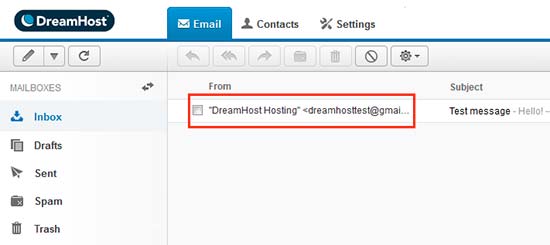 Interface utilisateur du webmail Dreamhost