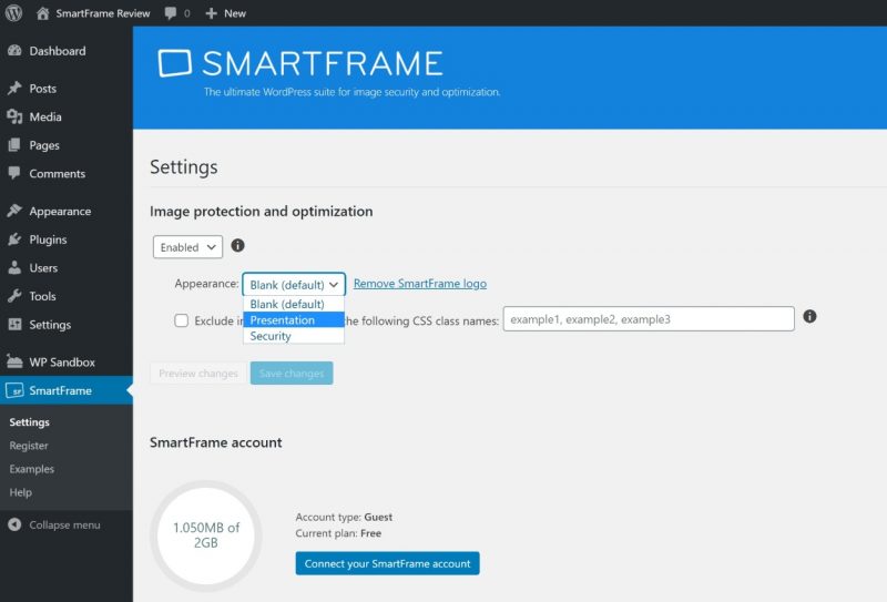 Examen des paramètres SmartFrame WordPress