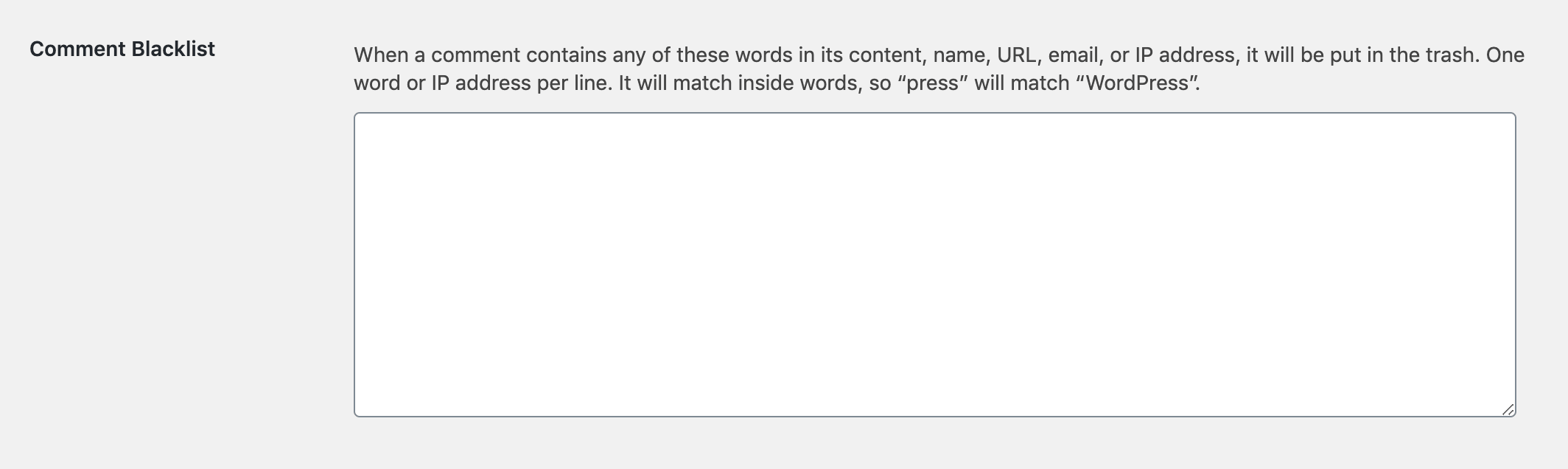 La fonctionnalité de liste noire des commentaires WordPress.
