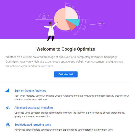 La page d'accueil de Google Optimize, avec le bouton Commencer