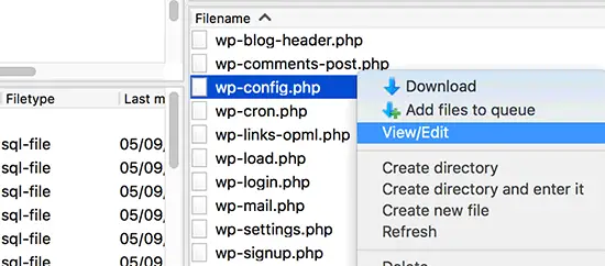 Modification du fichier wp-config.php via FTP