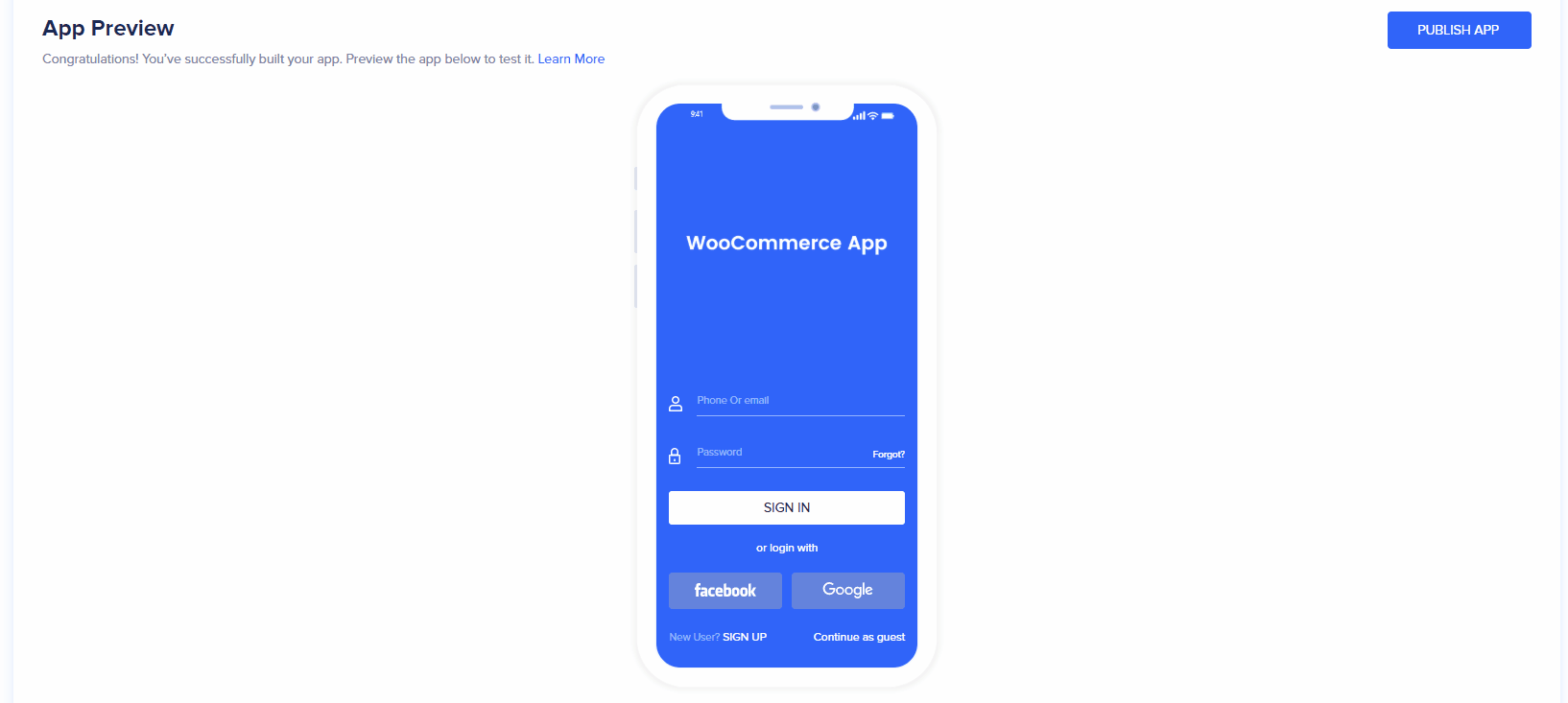 Un aperçu d'une application WooCommerce réalisée avec un générateur d'applications