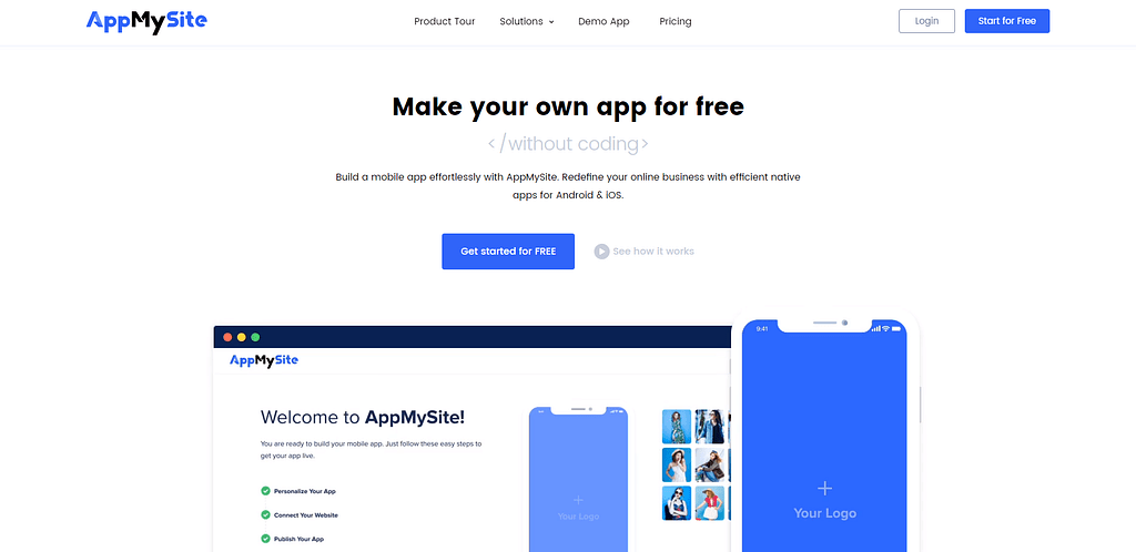 La page d'accueil AppMySite de son générateur d'applications WooCommerce