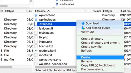 Supprimer le fichier .htaccess dans WordPress
