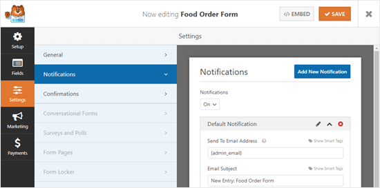 Affichage des notifications pour votre formulaire de commande de nourriture en ligne