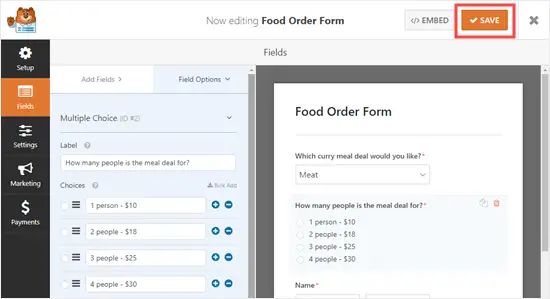Enregistrez votre formulaire de commande de nourriture en ligne