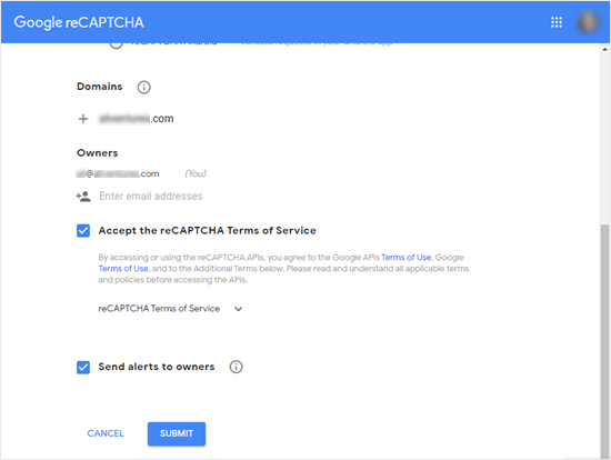 Remplir les détails de votre site pour Google reCAPTCHA