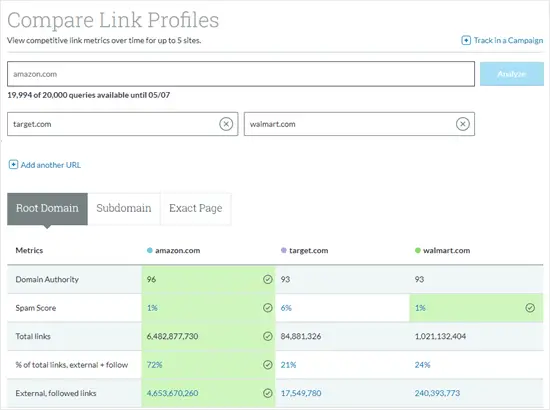 Comparaison des profils de backlink à l'aide de Moz