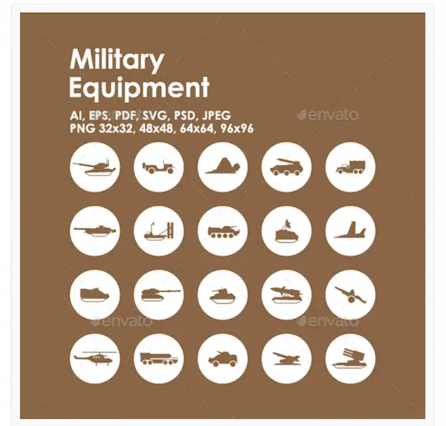 20 icônes d'équipement militaire