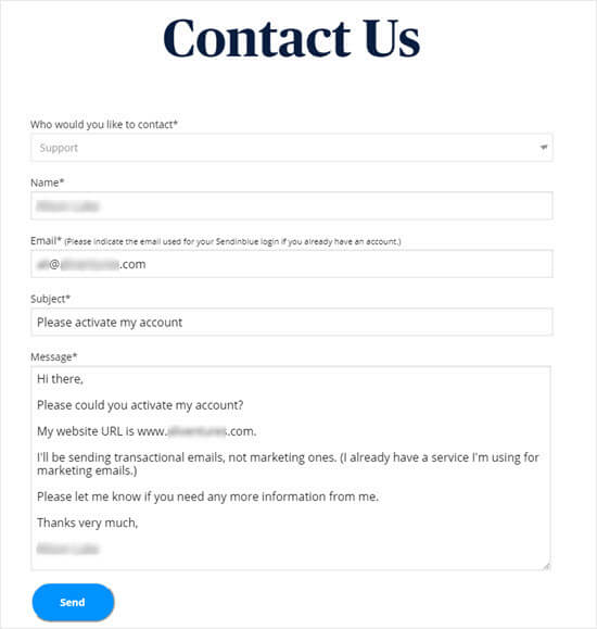 Message du formulaire de contact à Sendinblue pour demander l'activation du compte