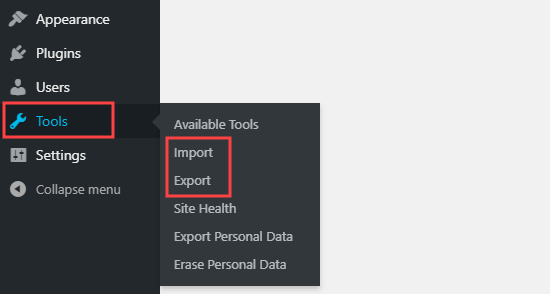 Les options d'importation et d'exportation dans le menu Outils du tableau de bord WordPress