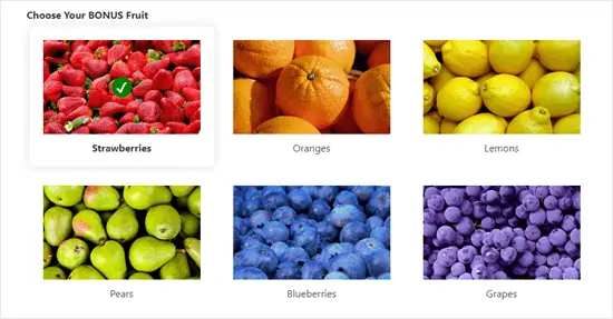 Un exemple de choix d'images utilisés dans un formulaire: affiche des images colorées pour 6 options de fruits