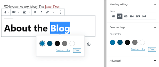 Changer la couleur du texte d'un bloc de titre dans WordPress