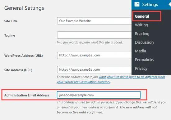 Vérification ou modification de l'adresse e-mail d'administration de WordPress