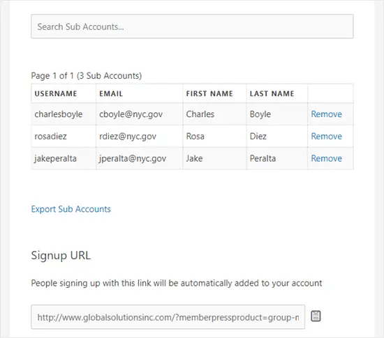 La liste des sous-comptes de l'utilisateur et le lien d'inscription