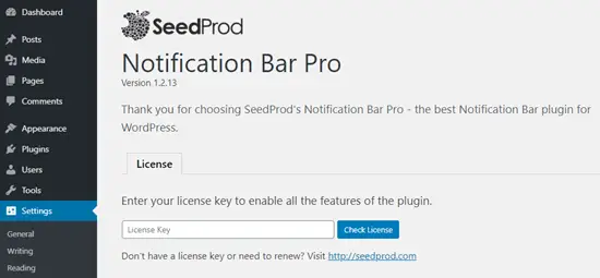 Saisie de votre clé de licence pour Notification Bar Pro