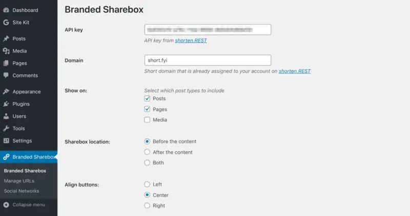 Ajout de la clé API et du domaine aux paramètres du plugin Branded Sharebox.