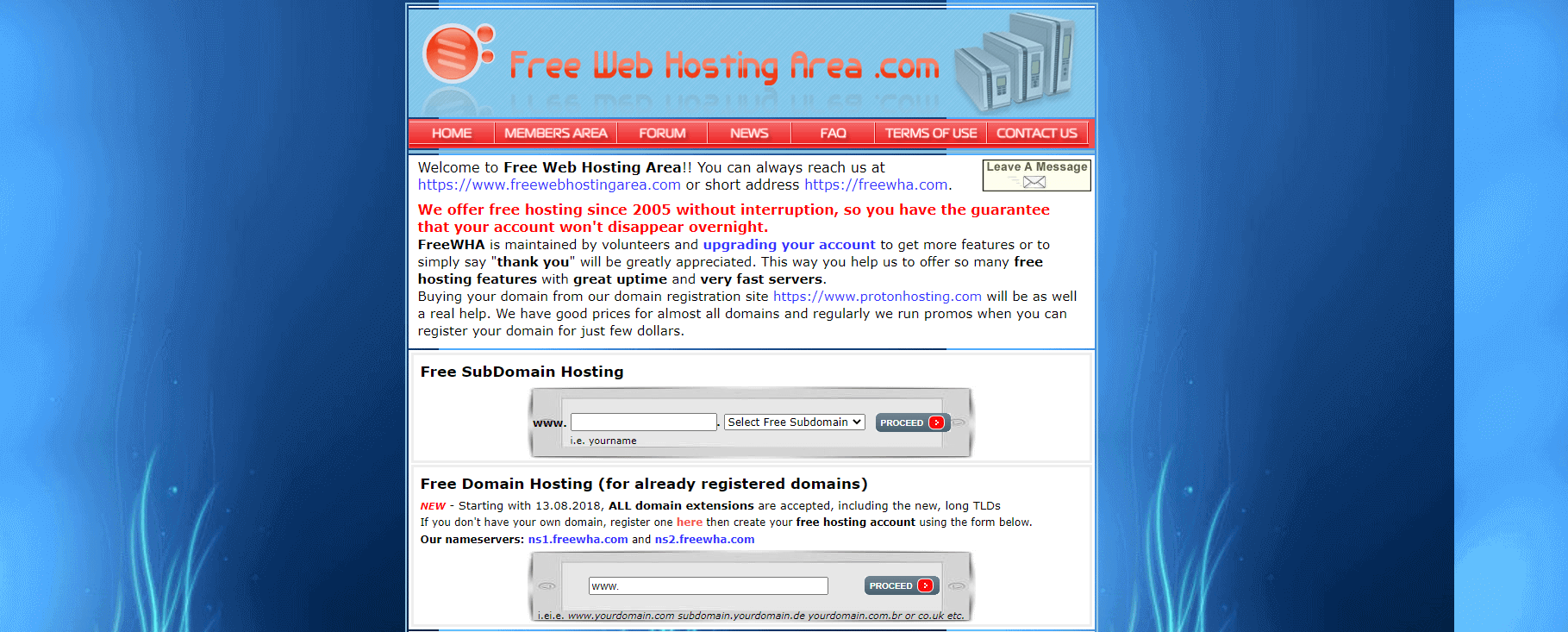 Page d'accueil de FreeWebHostingArea