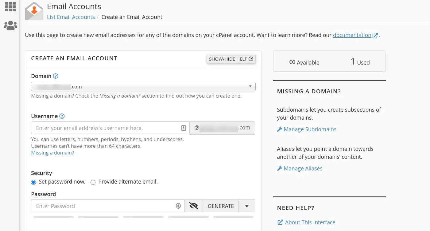 La page pour créer un compte d'adresse e-mail professionnelle dans cPanel.