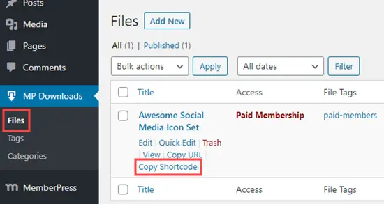 Copying the MemberPress shortcode for your file