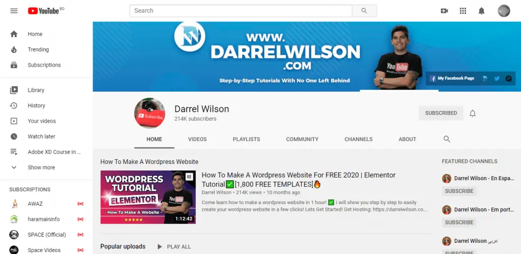 Chaîne YouTube de Darrel Wilson