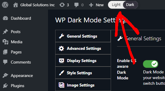 L'interrupteur à bascule dans votre administrateur WordPress pour basculer entre clair (normal) et sombre pour votre interface d'administration