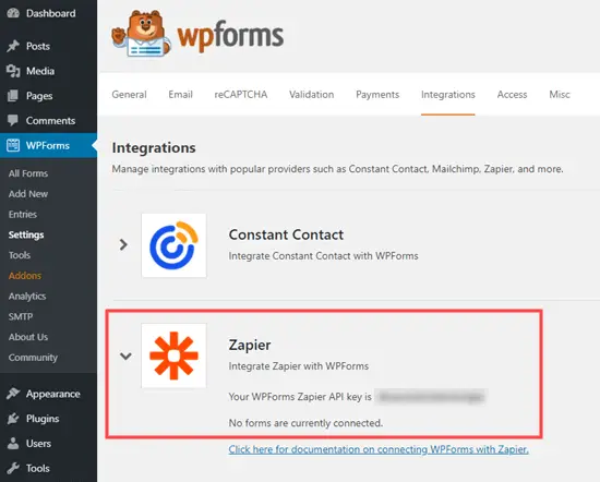 Obtenir la clé d'API Zapier à partir de WPForms