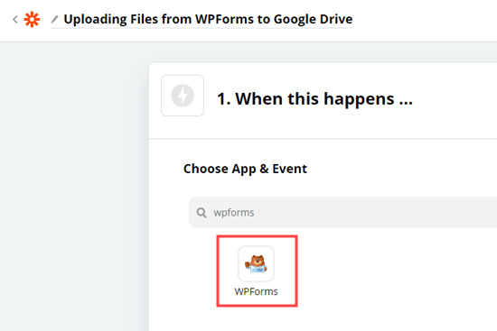 Choisir l'application WPForms dans Zapier