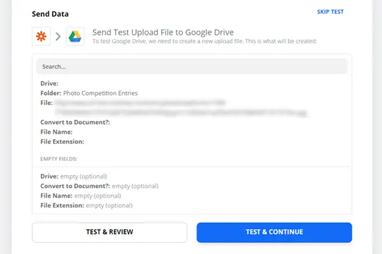 Envoi du fichier test sur Google Drive à l'aide de Zapier